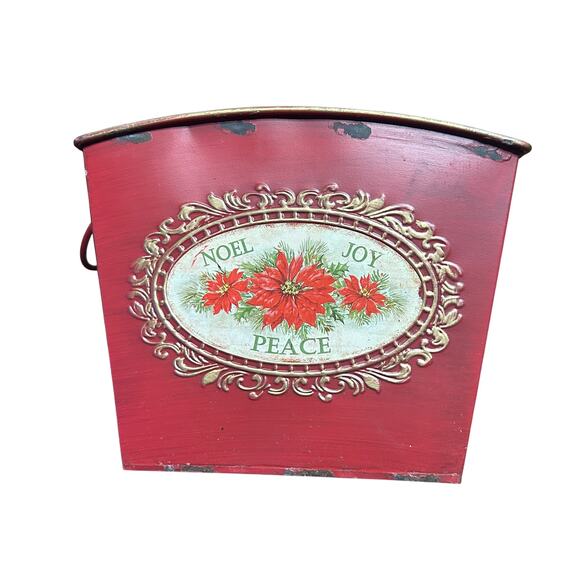 Red Metal Pot Tin Noel Joy Peace Christmas Holiday Flower Plant Planter Vase - Picture 11 of 16